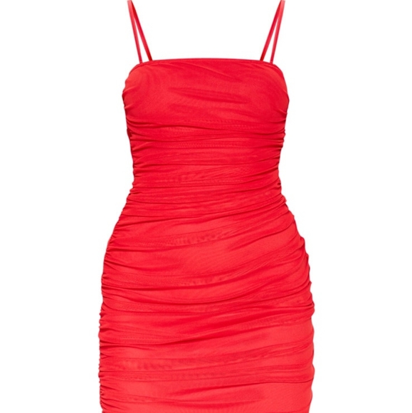 PrettyLittleThing Red Strappy Mesh Ruched Midaxi Dress - Picture 4 of 8